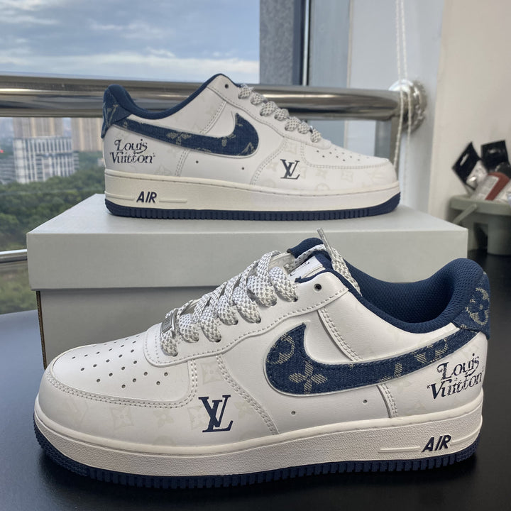 Custom Air Force 1 White with LV Pattern and Navy Accents