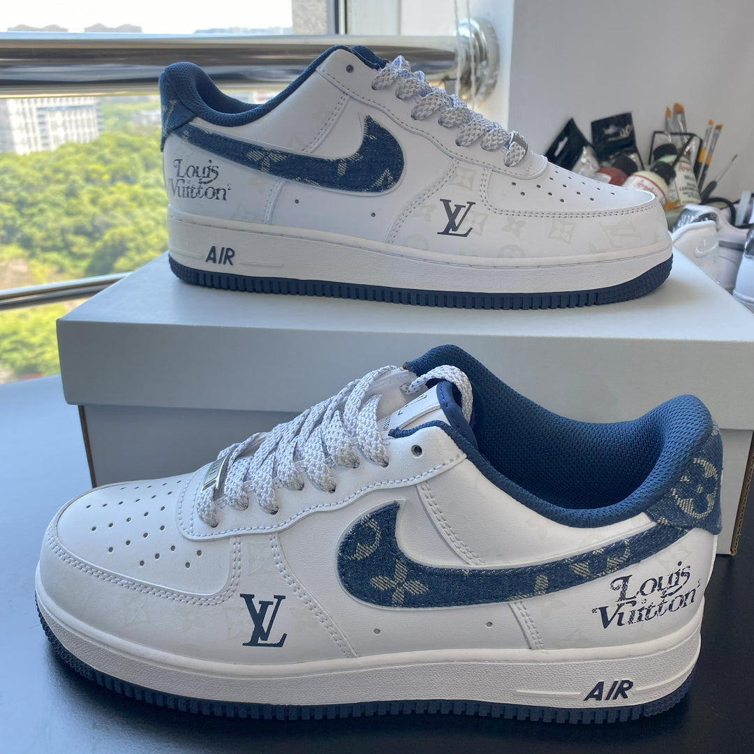 Custom Air Force 1 White with LV Pattern and Navy Accents