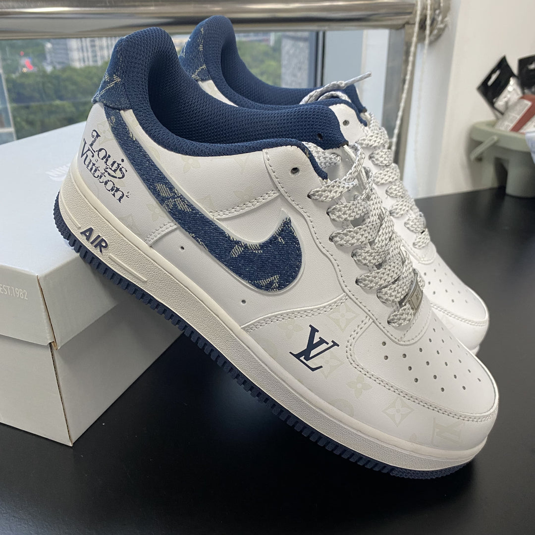 Custom Air Force 1 White with LV Pattern and Navy Accents