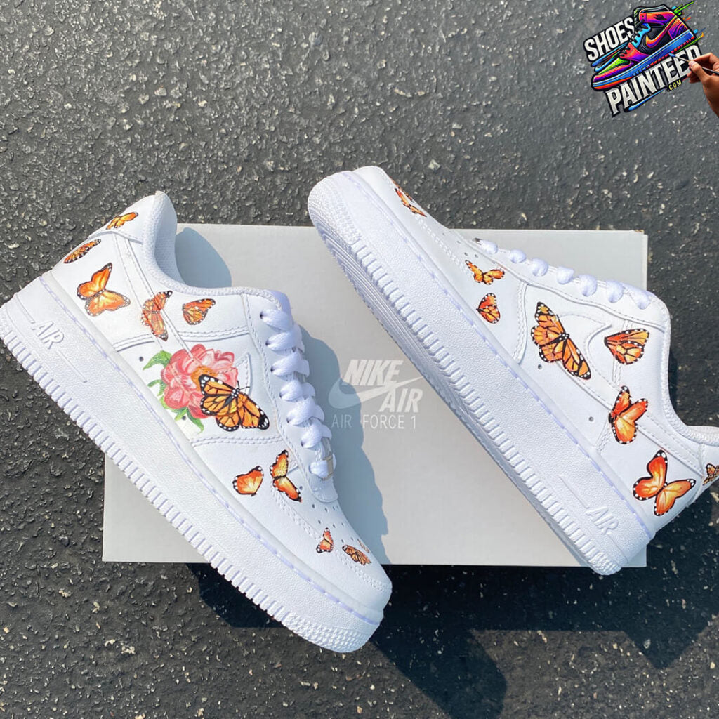 Custom Air Force 1 White With Orange Butterflies And Flower