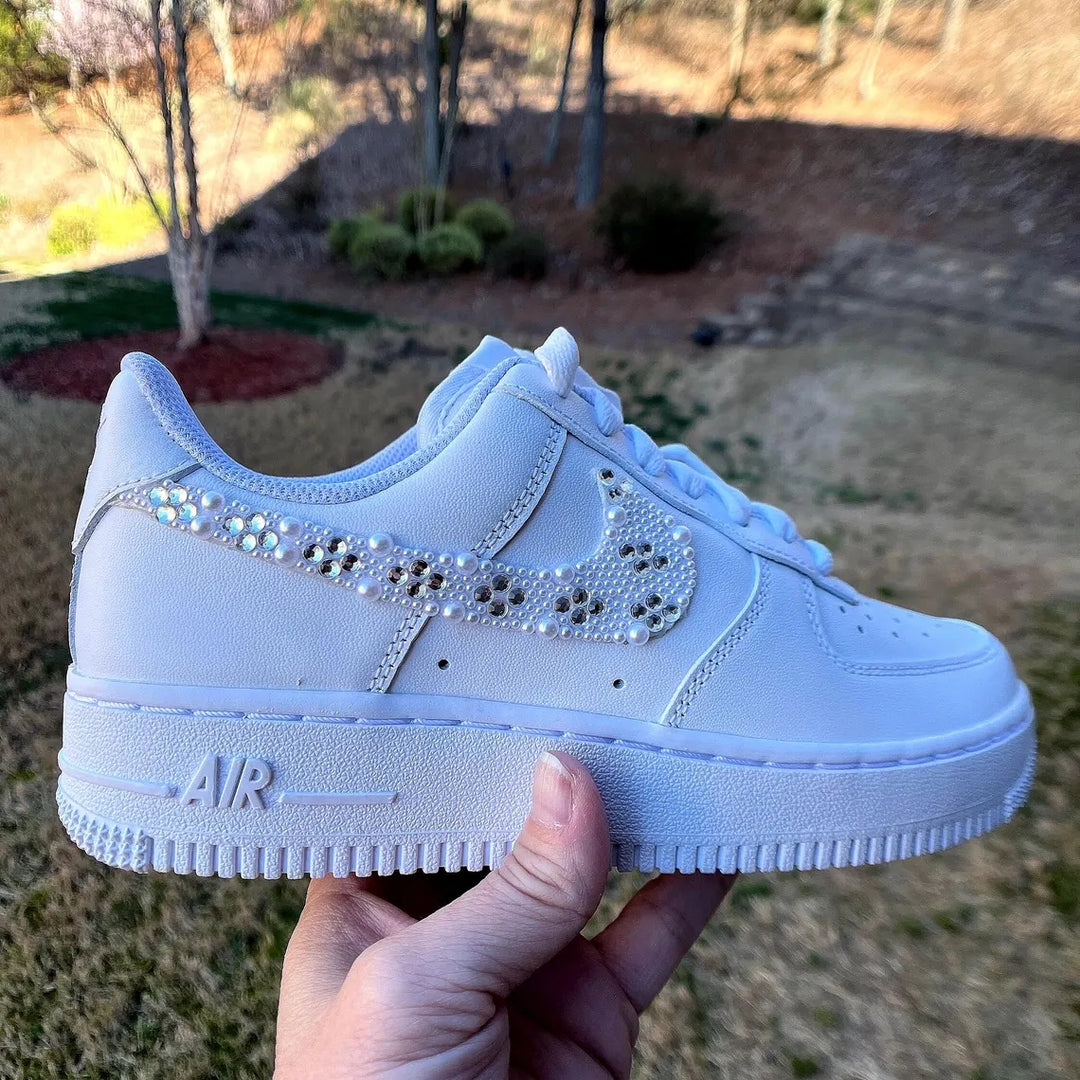 Custom Air Force 1 White With Pearl And Rhinestone Embellishments