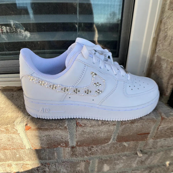 Custom Air Force 1 White With Pearl And Rhinestone Embellishments