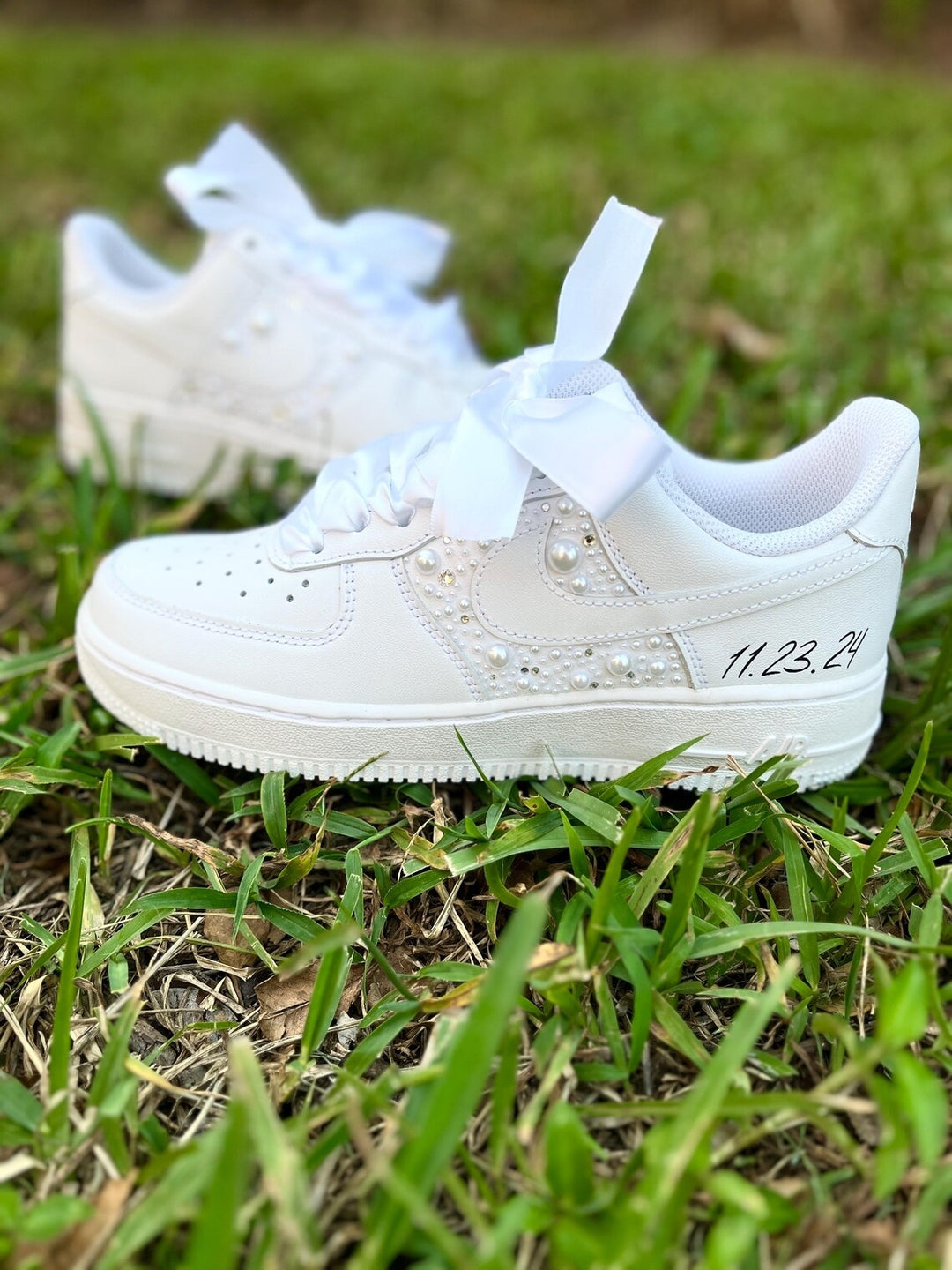 Custom Air Force 1 White With Pearl Embellishments And Ribbon Laces
