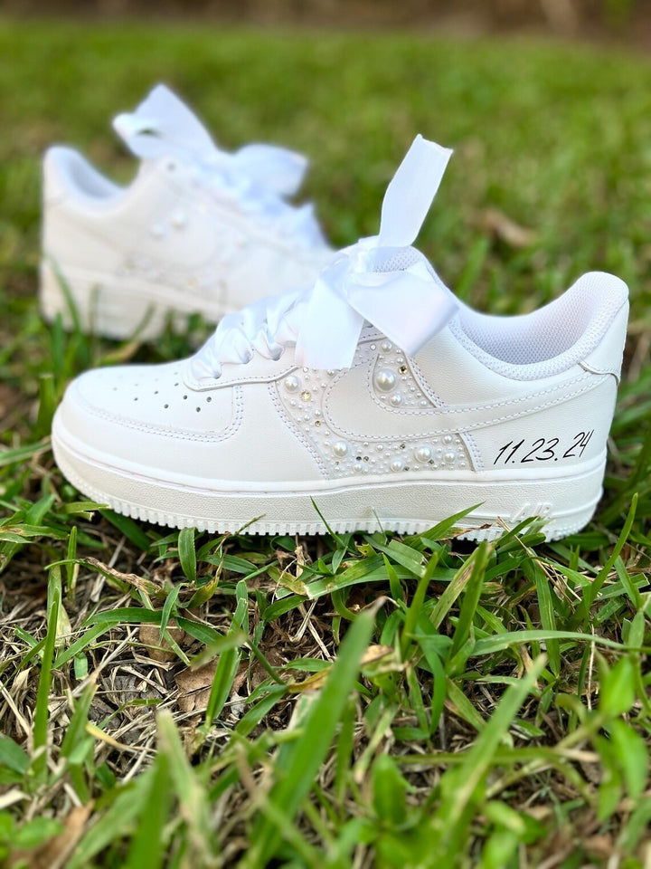 Custom Air Force 1 White With Pearl Embellishments And Ribbon Laces