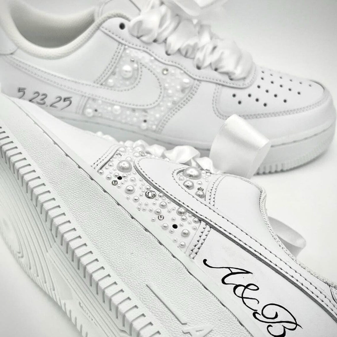 Custom Air Force 1 White With Pearl Embellishments And Ribbon Laces