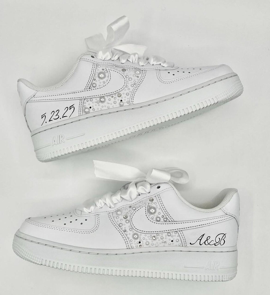 Custom Air Force 1 White With Pearl Embellishments And Ribbon Laces