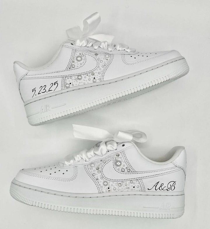 Custom Air Force 1 White With Pearl Embellishments And Ribbon Laces