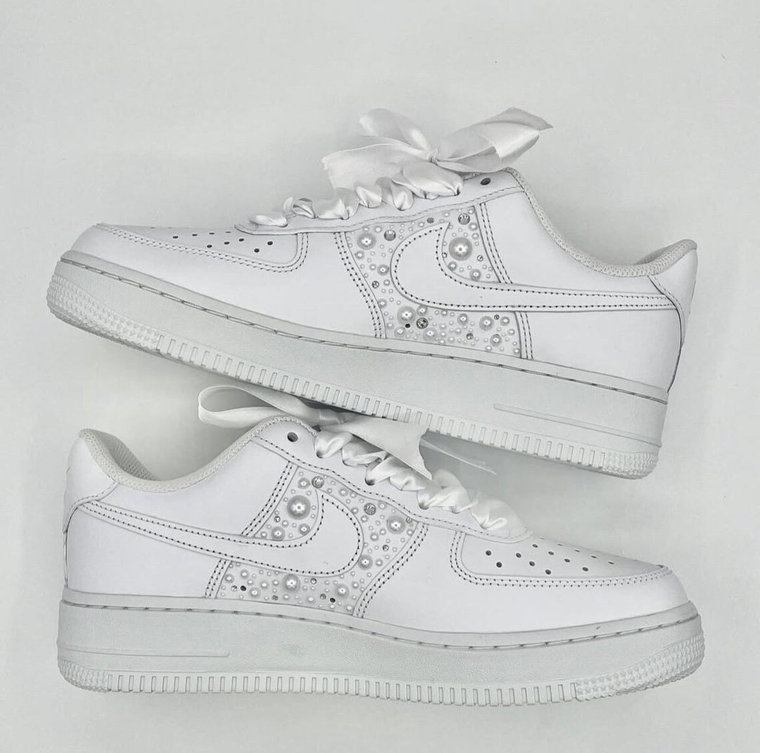 Custom Air Force 1 White With Pearl Embellishments And Ribbon Laces