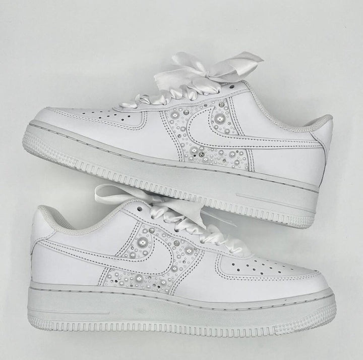 Custom Air Force 1 White With Pearl Embellishments And Ribbon Laces