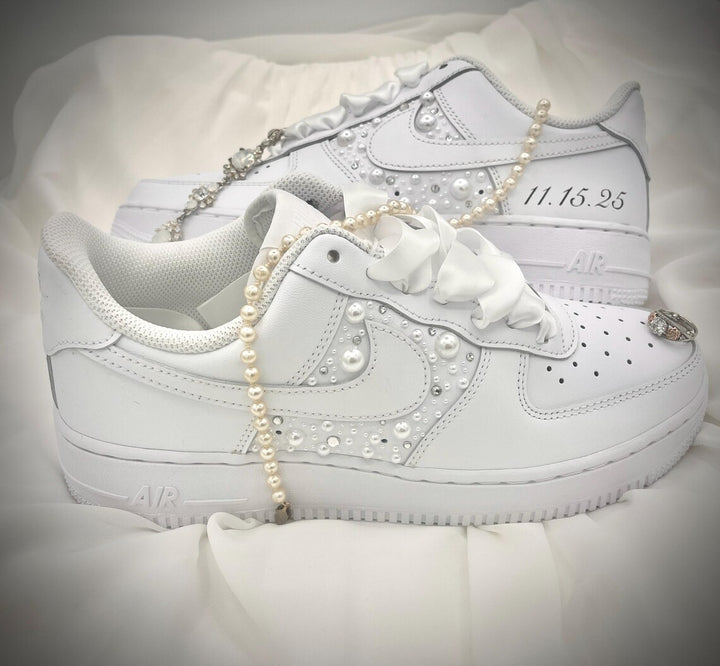 Custom Air Force 1 White With Pearl Embellishments And Ribbon Laces