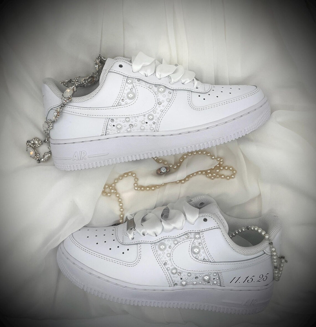 Custom Air Force 1 White With Pearl Embellishments And Ribbon Laces