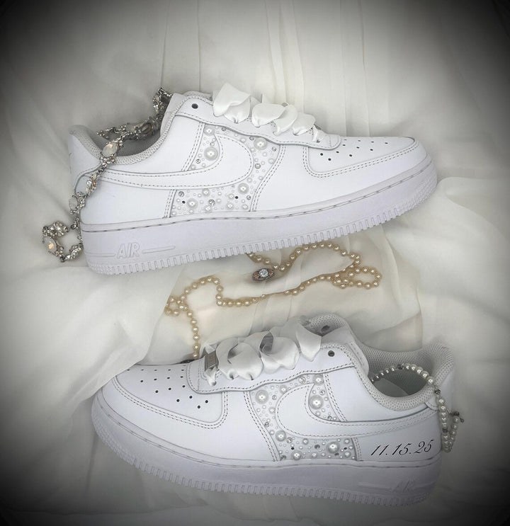 Custom Air Force 1 White With Pearl Embellishments And Ribbon Laces