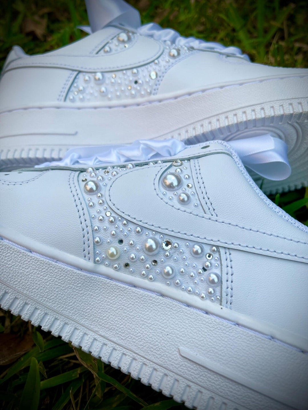 Custom Air Force 1 White With Pearl Embellishments And Ribbon Laces