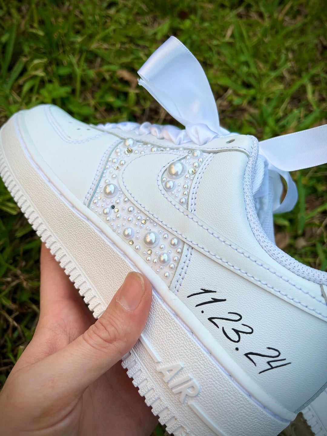 Custom Air Force 1 White With Pearl Embellishments And Ribbon Laces