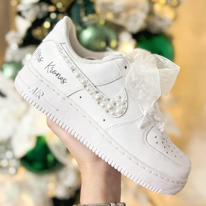 Custom Air Force 1 White with Pearl Rhinestone Embellishment