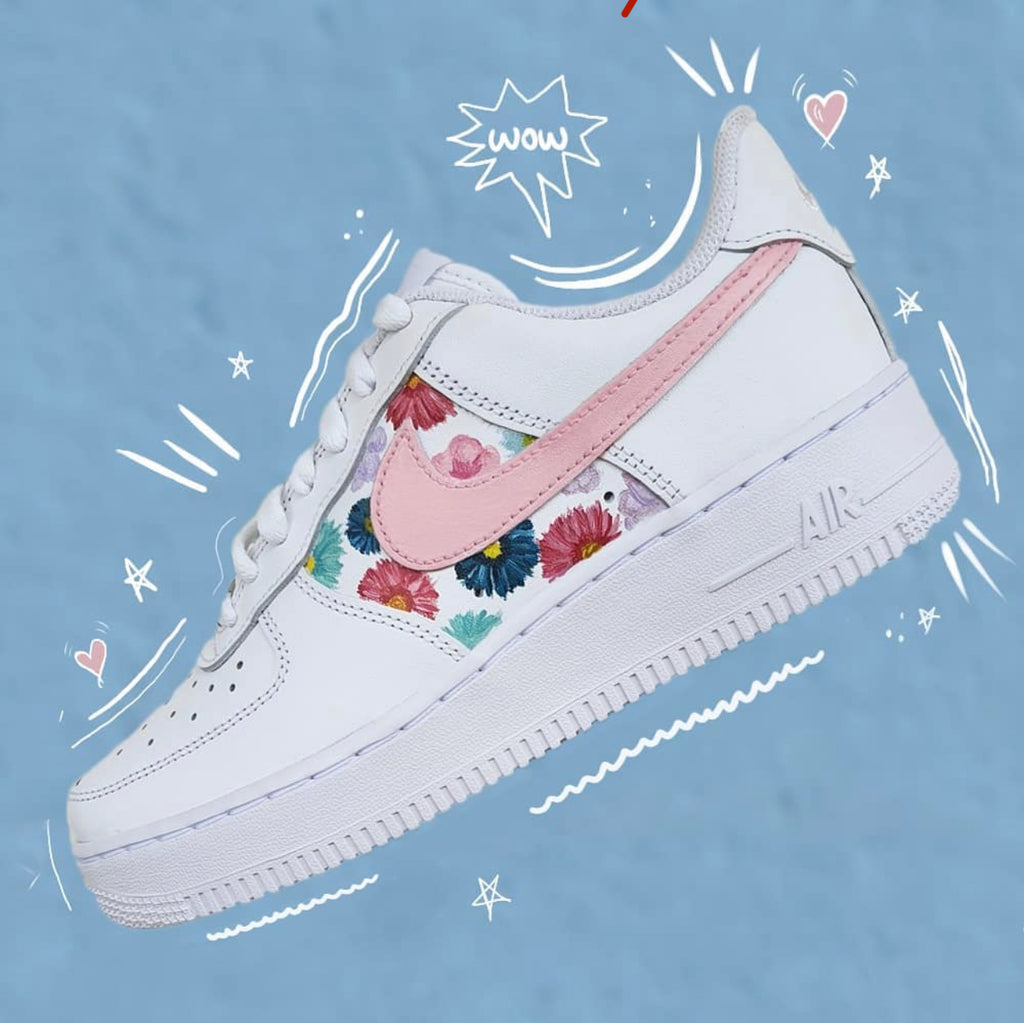 Custom Air Force 1 White With Pink Swoosh And Floral Pattern