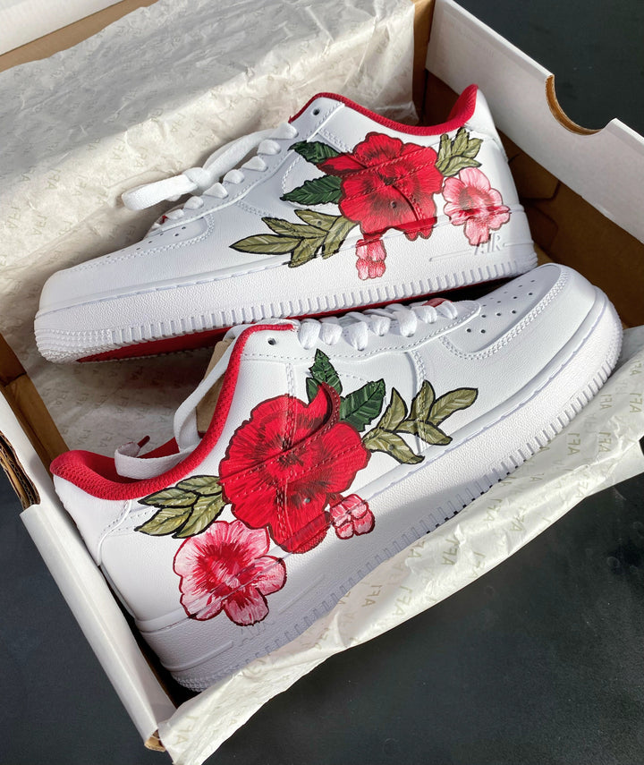 Custom Air Force 1 White With Red And Pink Flowers