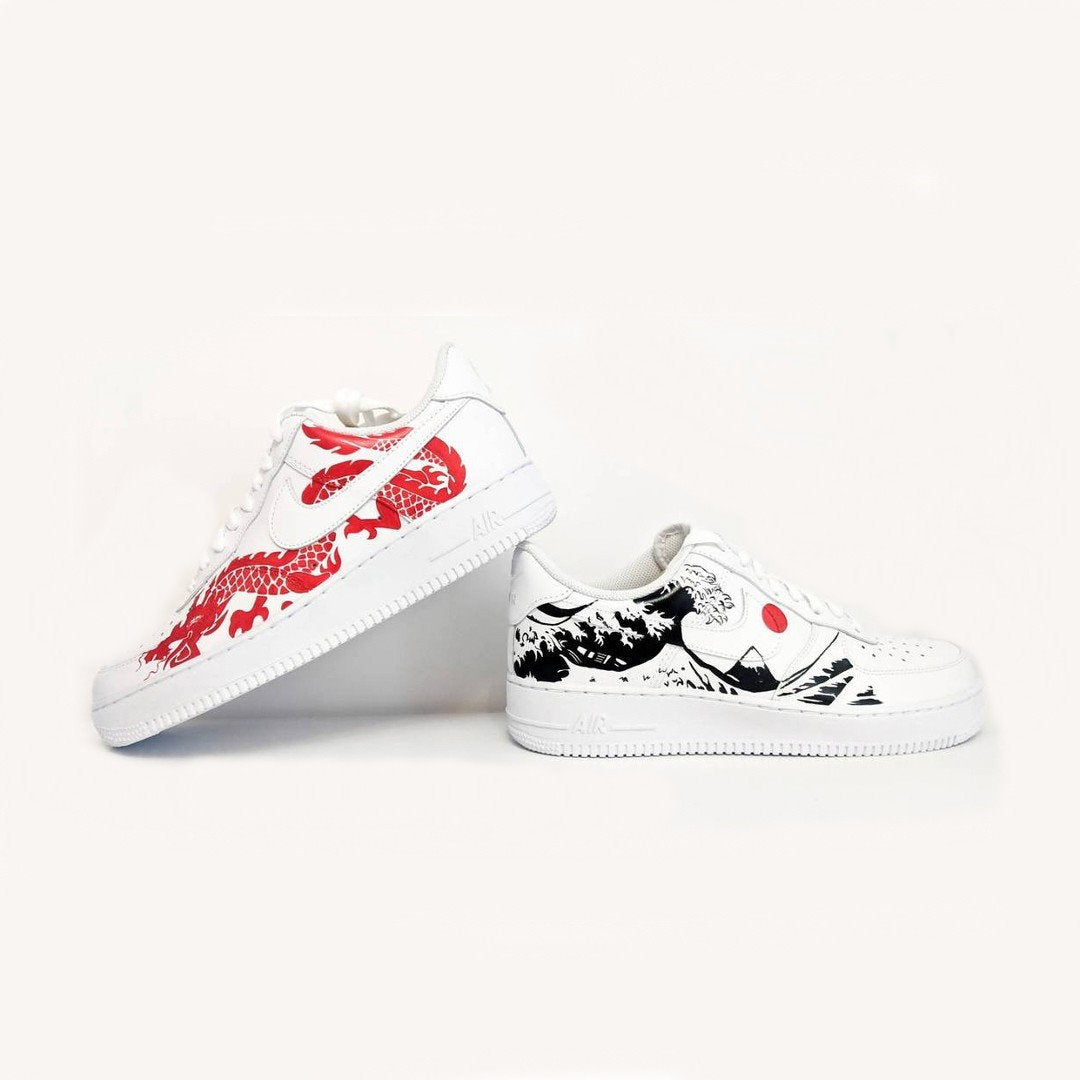 Custom Air Force 1 White With Red Dragon And Black Wave
