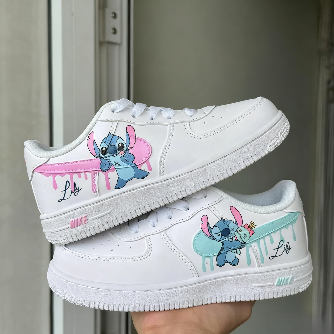 Custom Air Force 1 White With Stitch And Pink Teal Drip Patterns