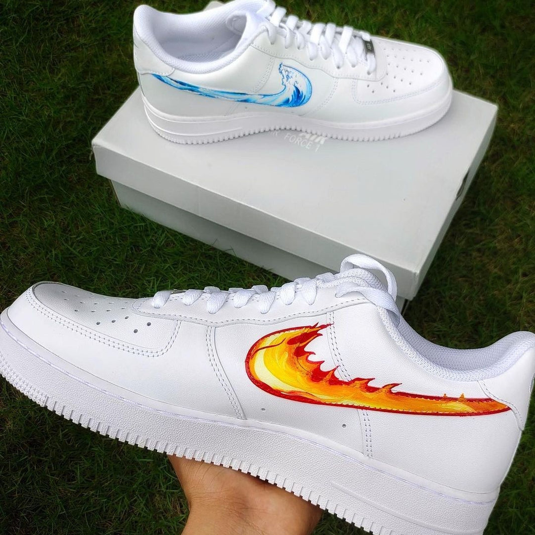 Custom Air Force 1 White With Wave And Flame Patterns