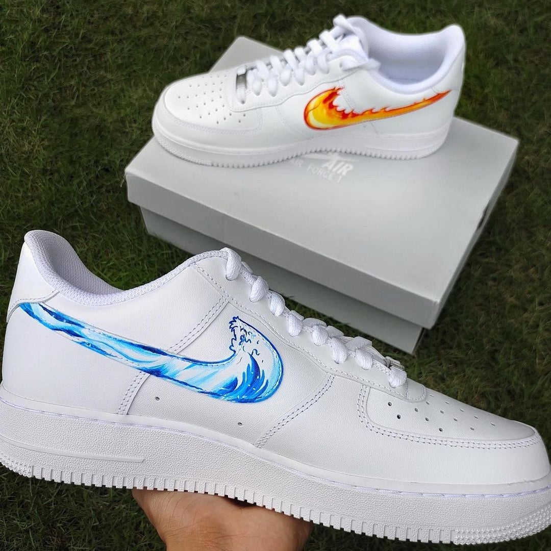 Custom Air Force 1 White With Wave And Flame Patterns