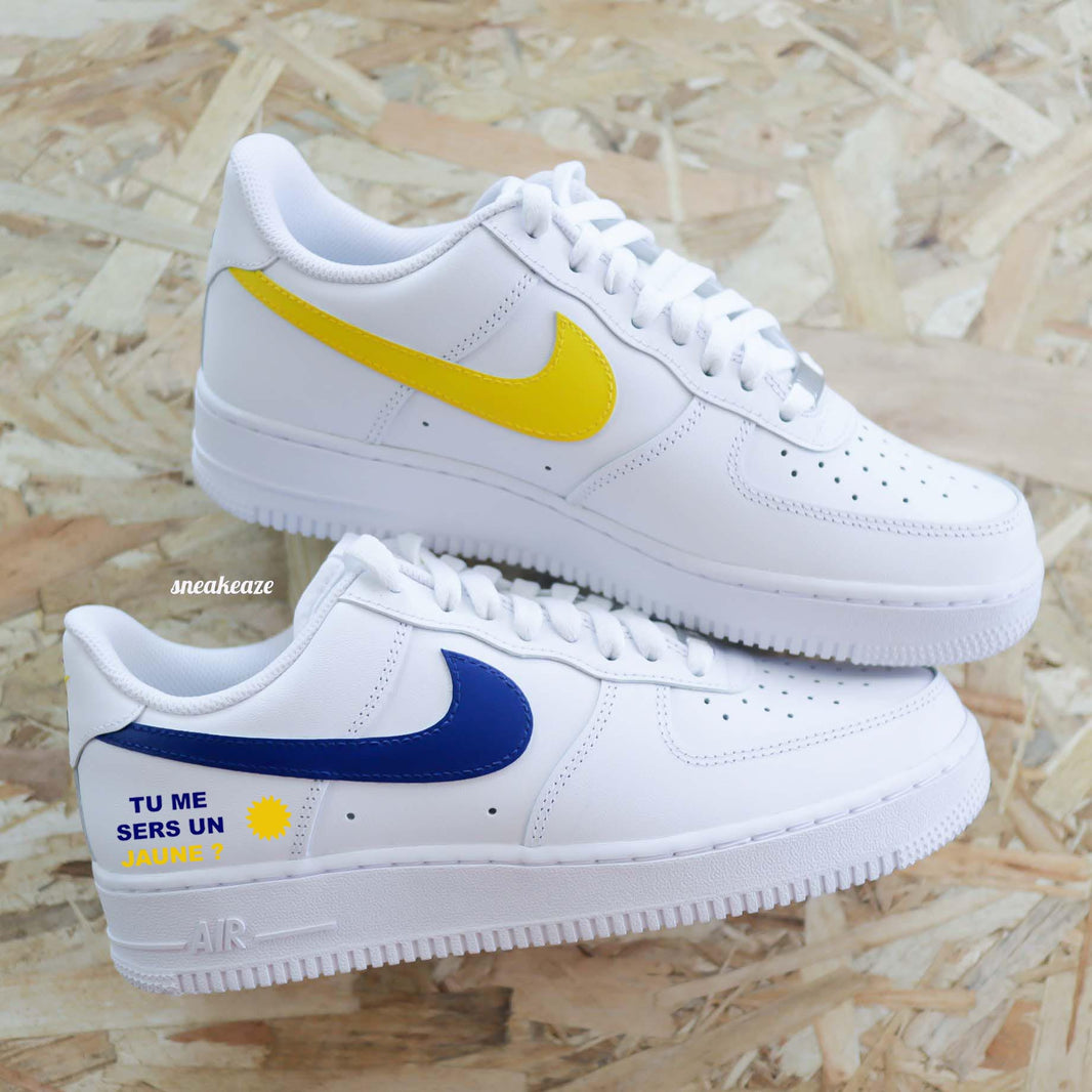 Custom Air Force 1 White With Yellow And Blue Swooshes And French Text
