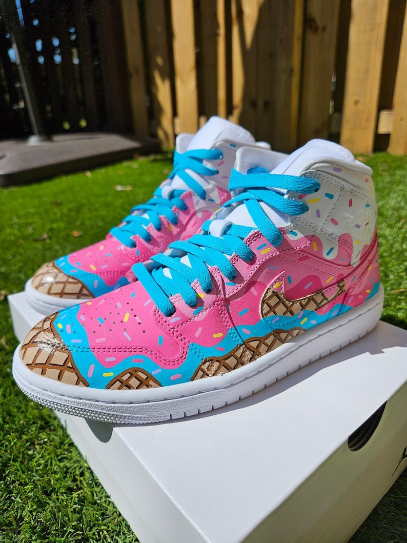 Custom Air Jordan 1 Baby Pink And Blue With Ice - Cream Pattern