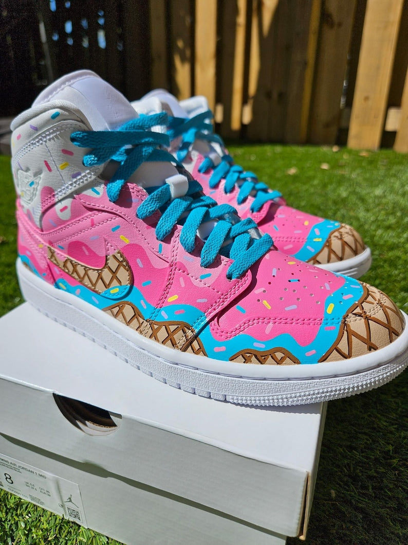 Custom Air Jordan 1 Baby Pink And Blue With Ice - Cream Pattern