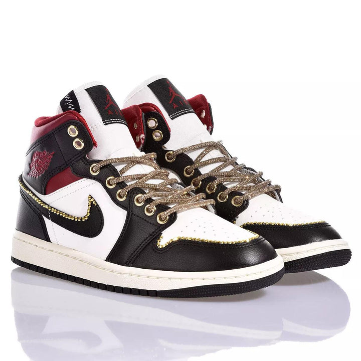 Custom Air Jordan 1 Black White And Red With Gold - Trimmed Detailing