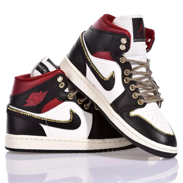 Custom Air Jordan 1 Black White And Red With Gold - Trimmed Detailing
