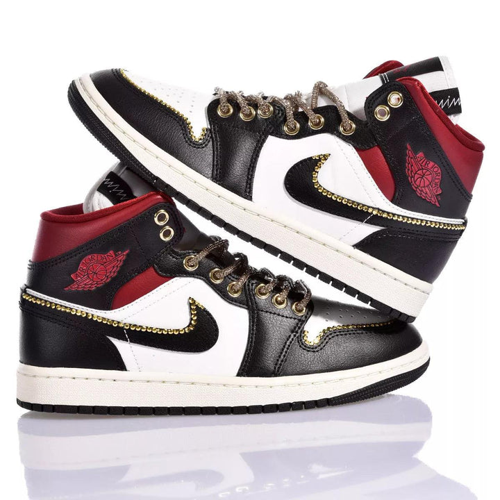 Custom Air Jordan 1 Black White And Red With Gold - Trimmed Detailing