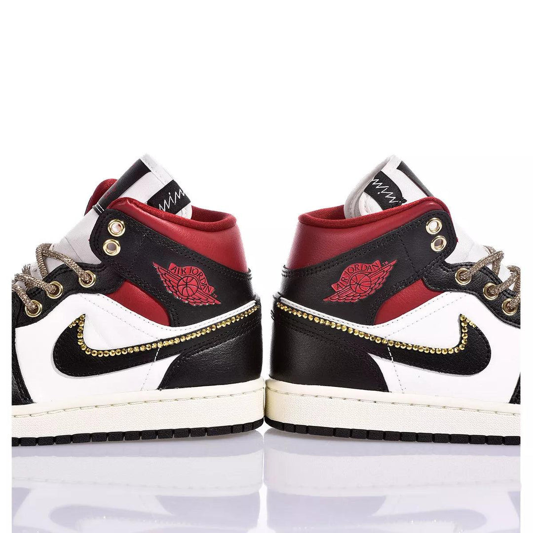 Custom Air Jordan 1 Black White And Red With Gold - Trimmed Detailing