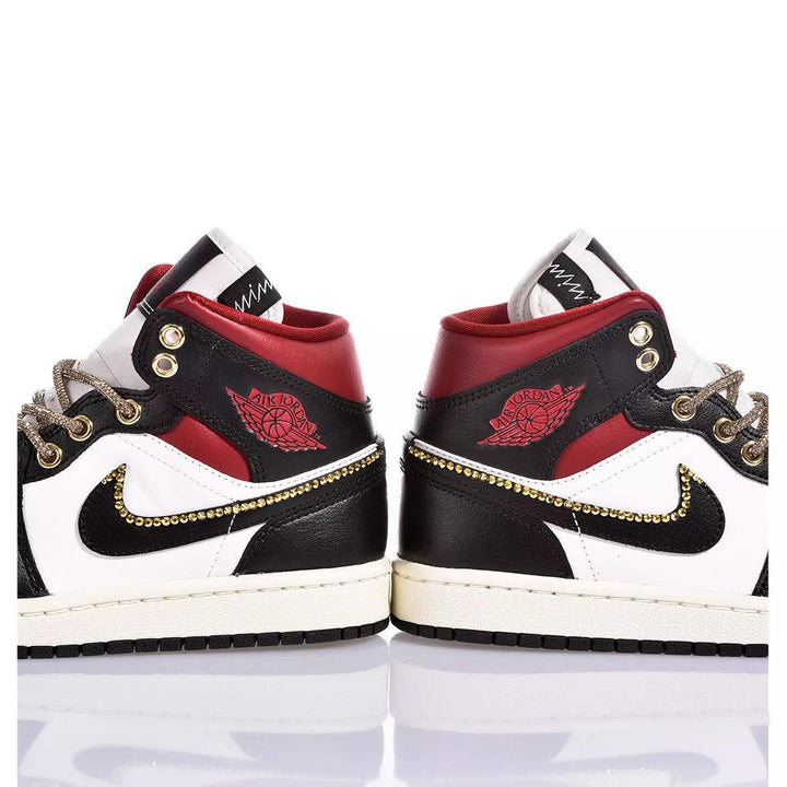 Custom Air Jordan 1 Black White And Red With Gold - Trimmed Detailing