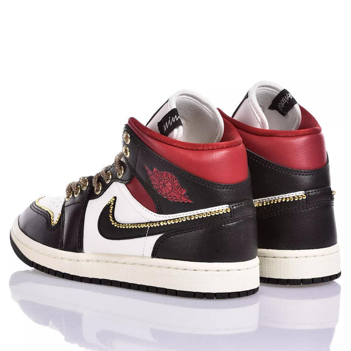 Custom Air Jordan 1 Black White And Red With Gold - Trimmed Detailing