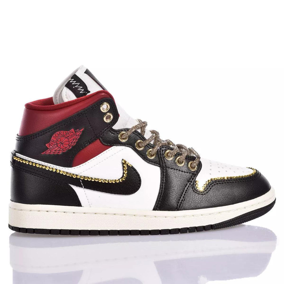 Custom Air Jordan 1 Black White And Red With Gold - Trimmed Detailing