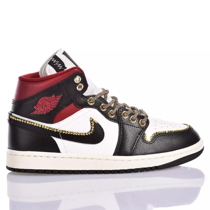 Custom Air Jordan 1 Black White And Red With Gold - Trimmed Detailing
