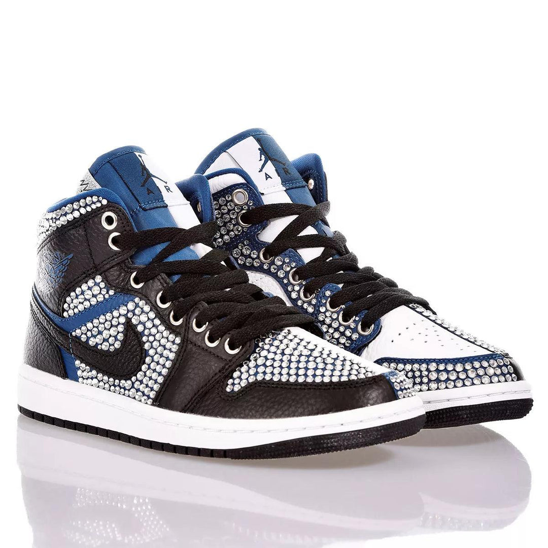 Custom Air Jordan 1 Black White Blue With Rhinestones