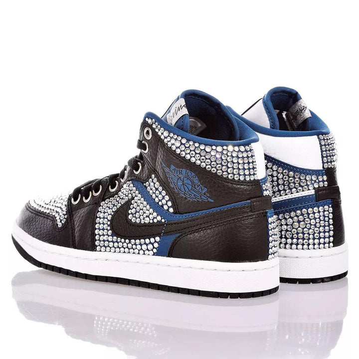 Custom Air Jordan 1 Black White Blue With Rhinestones