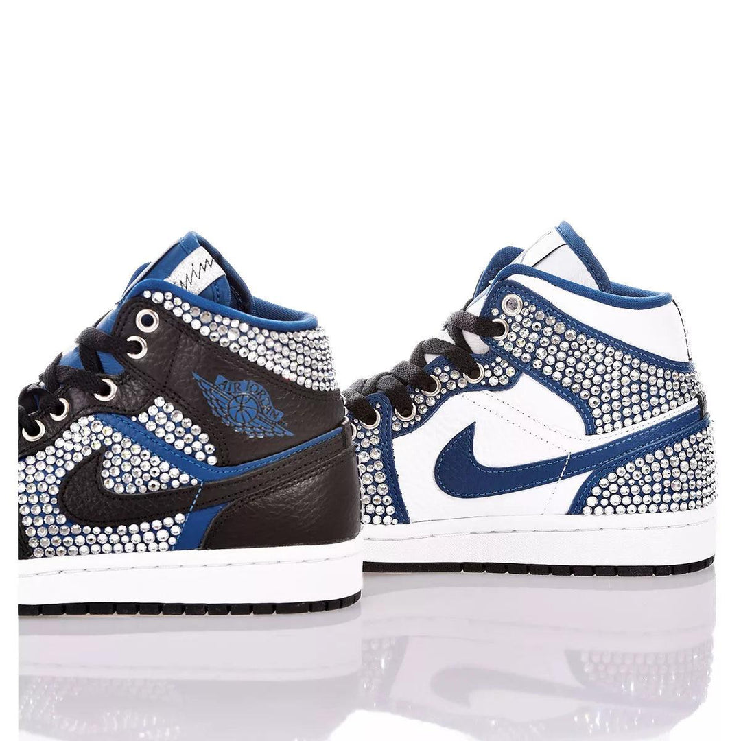 Custom Air Jordan 1 Black White Blue With Rhinestones