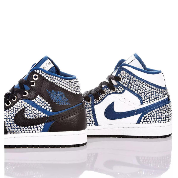 Custom Air Jordan 1 Black White Blue With Rhinestones