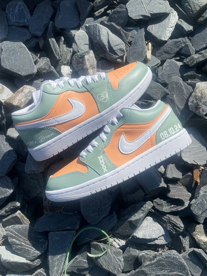 Custom Air Jordan 1 Mint Orange Heart and Date Design