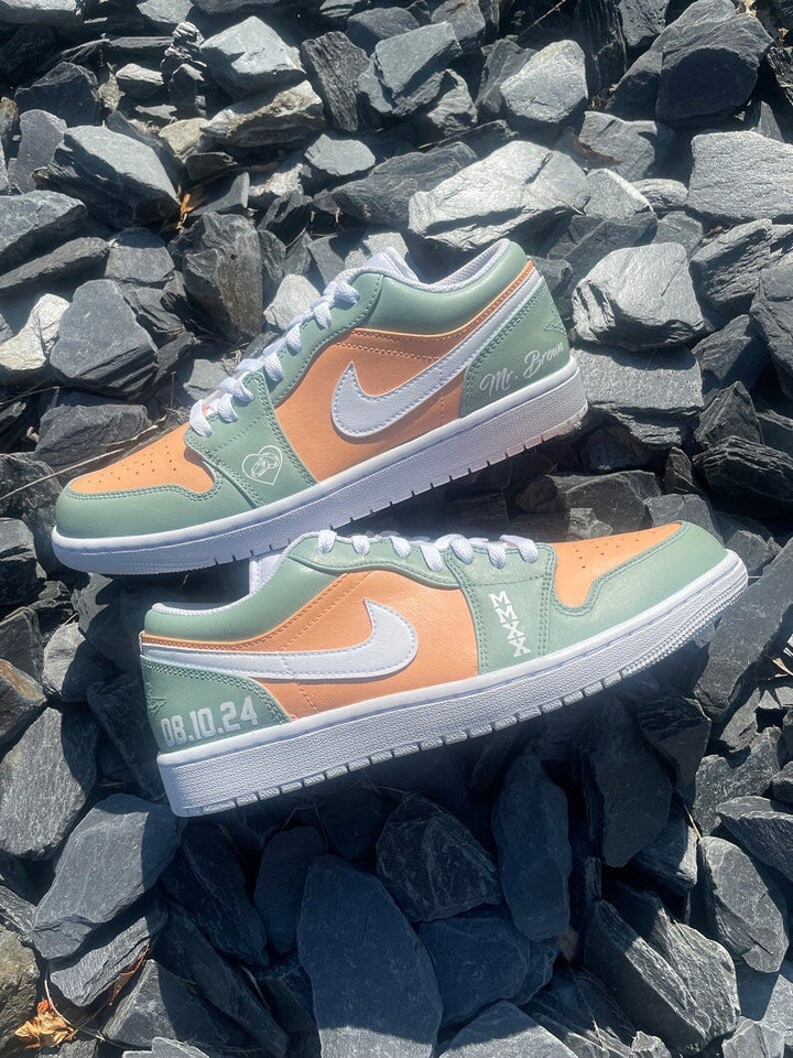 Custom Air Jordan 1 Mint Orange Heart and Date Design