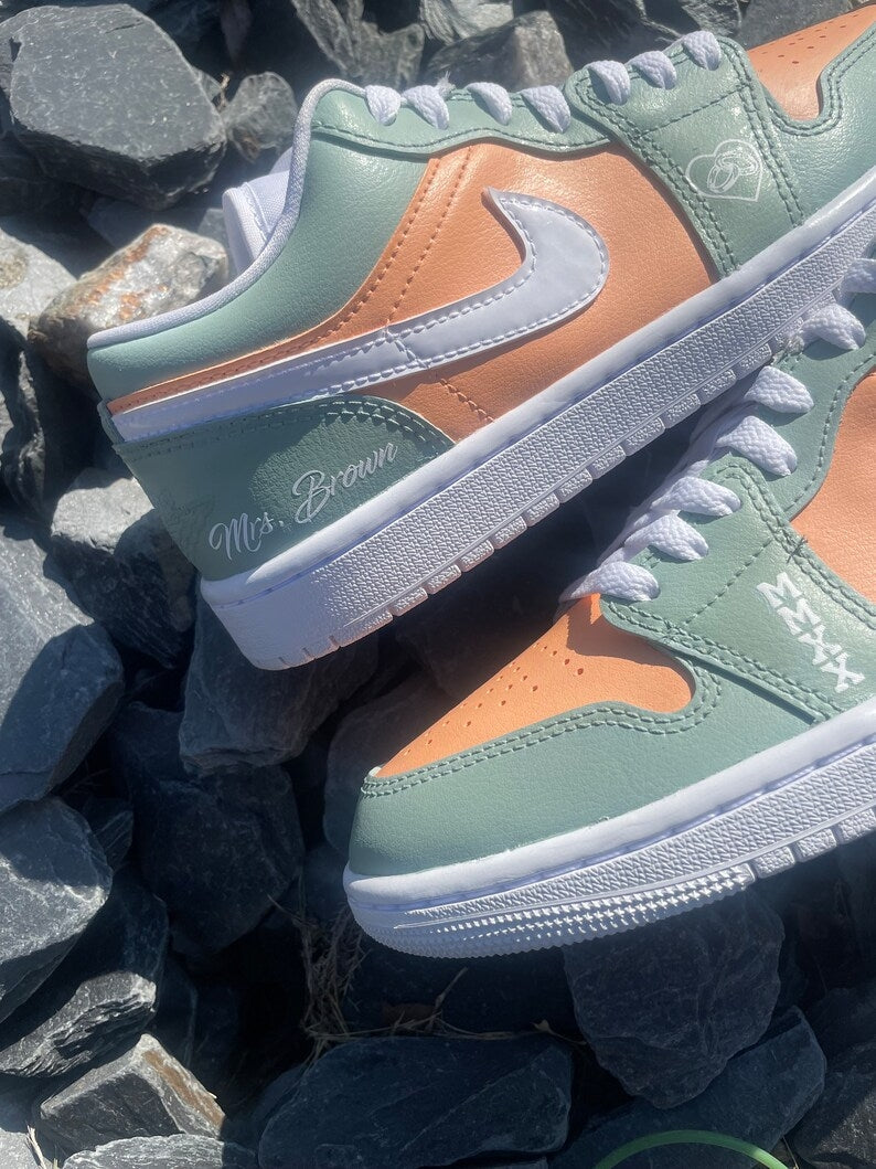 Custom Air Jordan 1 Mint Orange Heart and Date Design