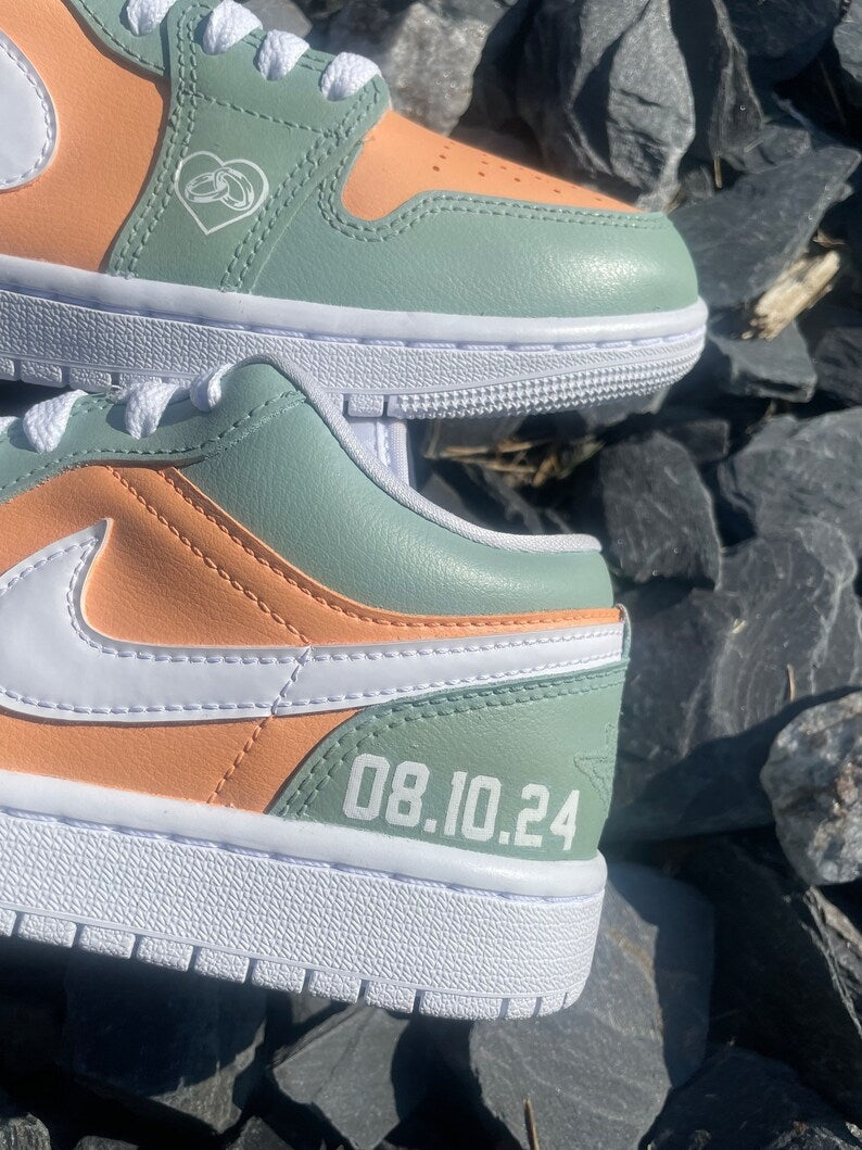 Custom Air Jordan 1 Mint Orange Heart and Date Design
