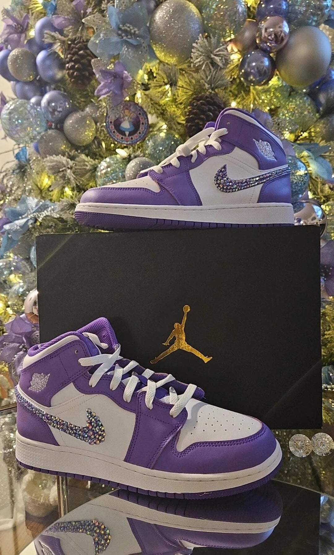 Custom Air Jordan 1 Purple White with Rhinestone Swoosh