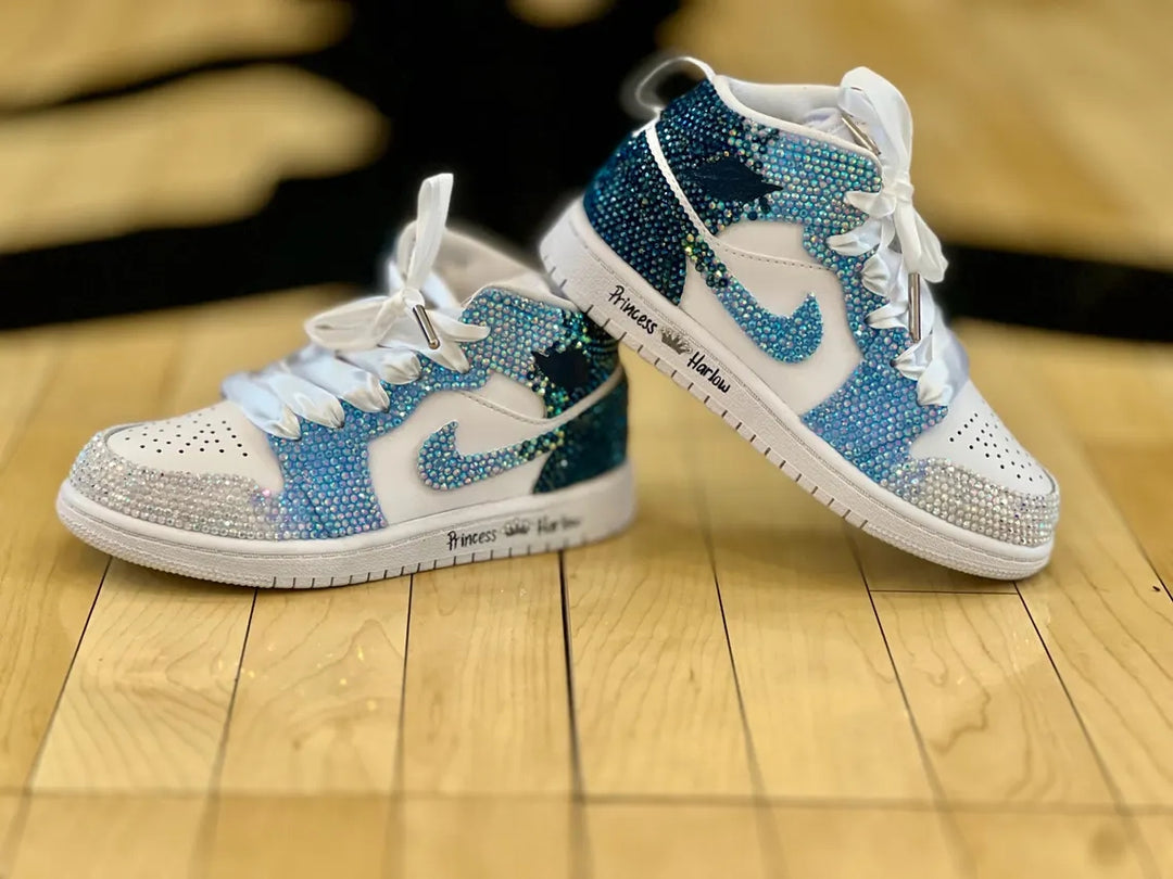 Custom Air Jordan 1 White And Blue Rhinestone Design