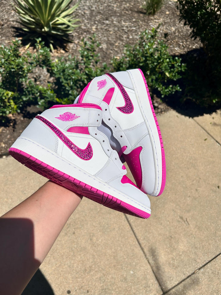 Custom Air Jordan 1 White and Hot Pink With Glittery Swooshes