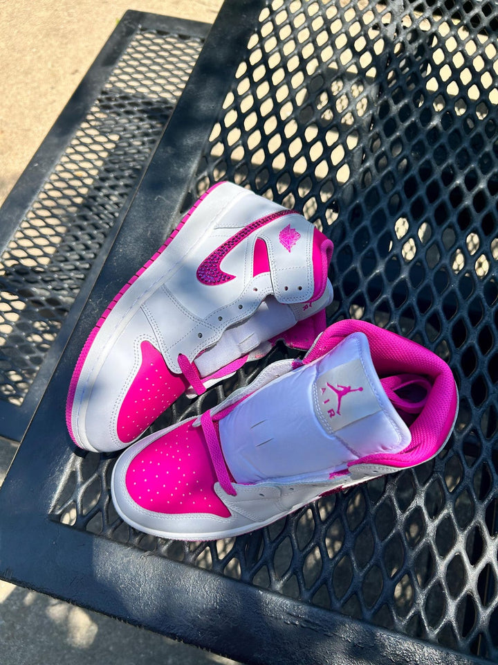 Custom Air Jordan 1 White and Hot Pink With Glittery Swooshes