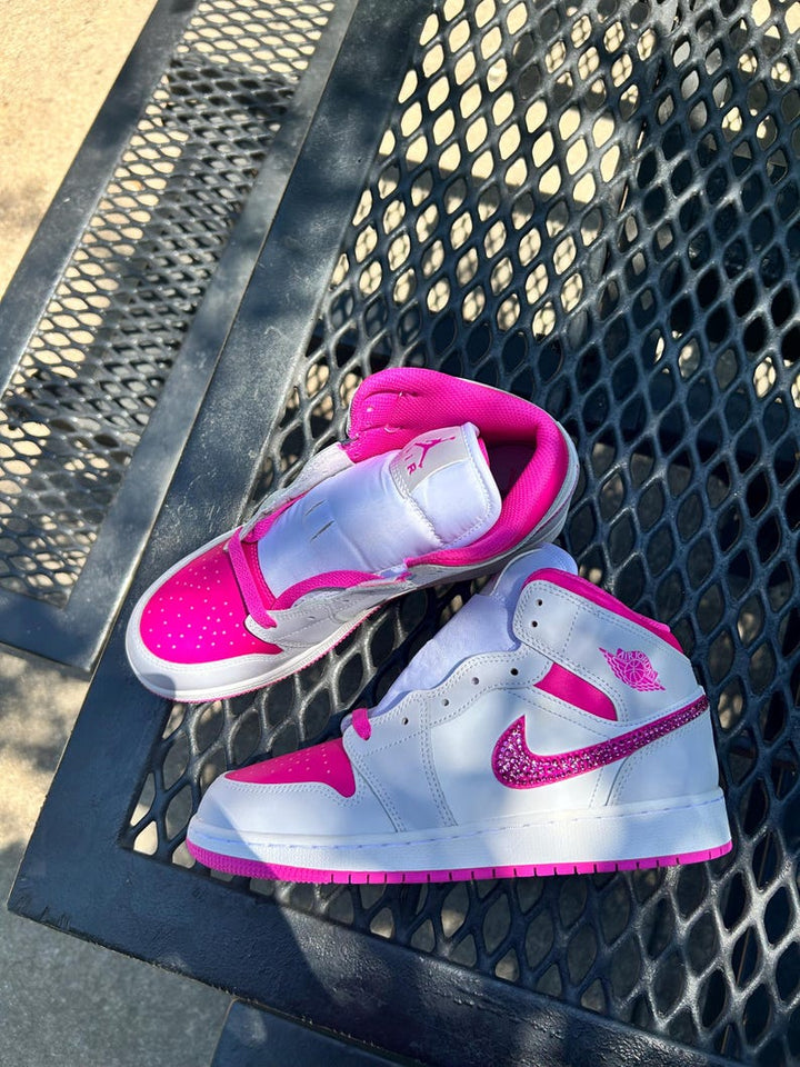 Custom Air Jordan 1 White and Hot Pink With Glittery Swooshes