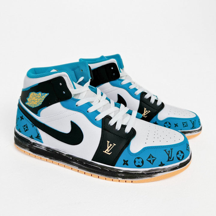 Custom Air Jordan 1 White Black and Blue With LV Patterns